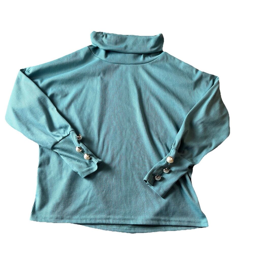 Coeur De Vague Teal Ribbed Long Sleeve Cowl Neck Faux Pearl Top Womens Size M